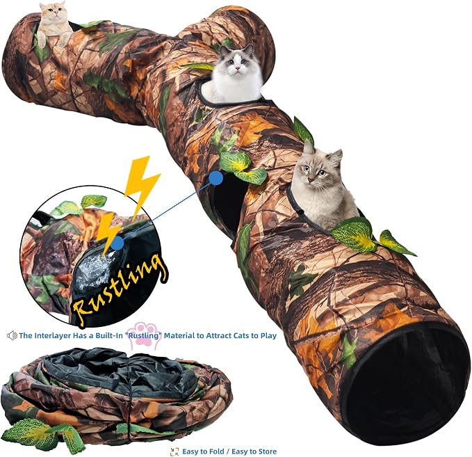 Foldable 3 Way Cat Play Tunnel for Indoor Cats,Cat Tunnel Toy | Camouflage Tree Bark Cat Tube with Peek Hole & Crinkle Paper ,Interactive Play Toy for Cat Kittens, Rabbits & Small Animals - Image 3