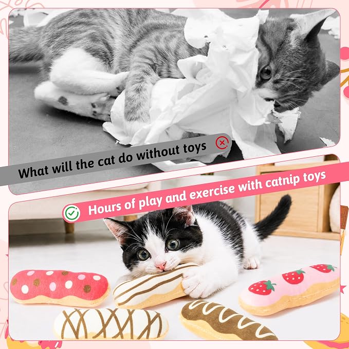 MALLMALL6 Eclair Catnip Toys for Cat - 5Pcs Chocolate Strawberry Dessert Catmint Interactive Toy Gift for Indoor Kitty, Biting Chew Kick Cats Supplies, Soft French Pastry Pet Present for Kitten Lover - Image 5