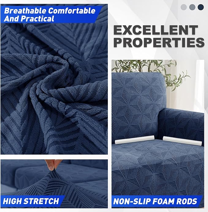 YEMYHOM 1 Piece Stretch Couch Covers for 2 Cushion Couch, Jacquard Loveseat Cover with Non-Slip Elastic Bottom, Thickened Slipcover Furniture Protector for Dogs Pets (Medium, Navy） - Image 3