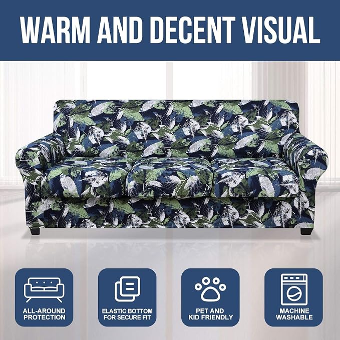 hyha Stretch Couch Covers, Sofa Cover for 3 Cushion Couch Pet Friendly | Floral Pattern, Printed, 4 Pieces, 3 Separate Cushion Sofa, Durable Anti-slip Washable Protector with Elastic Bottom for Dogs - Image 8