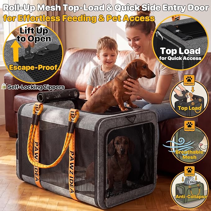 PAWZIDEA Expandable Large Pet Carrier, Soft-Sided 2–4 Cats Carrier Up 55lbs | 24"×16"×16" Collapsible Small to Medium Dog Carrier Travle Bag, Portable Dog Crate for Car Travel, Breathable, Storage Pocket - Image 7