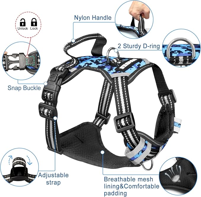 Dog Harness No Pull, Pet Harnesses with Dog Collar, Adjustable Reflective Oxford Outdoor Vest, Front/Back Leash Clips for Small, Medium, Large, Extra Large Dogs, Easy Control Handle for Walking - Image 4