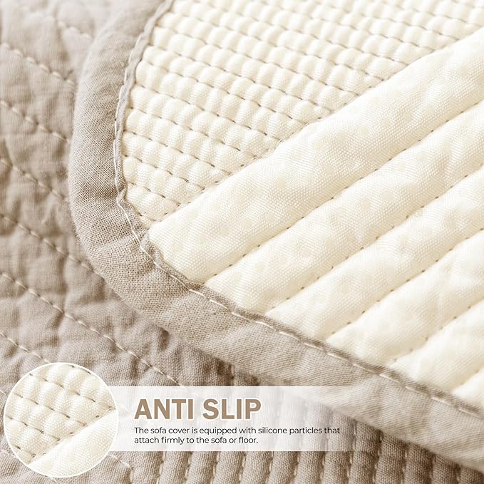 vctops Cotton Quilted Couch Covers for Sectional Sofa (Khaki,28"x70") | Geometric Washable Non Slip Sofa Slipcover for Dogs, Children, Pets Furniture Protector Cover - Image 4