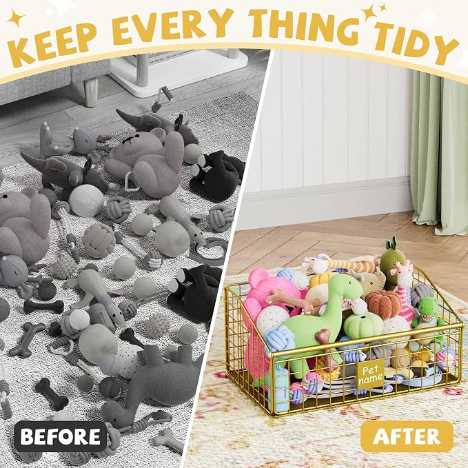 Kaiferty Indestructible Dog Toy basket, Medium Toy Box for Dogs,Pet Toy Bin Dog Metal Basket for Toys, Toy Storage Organizer, Toy Box for Living Room Area (Gold) - Image 5