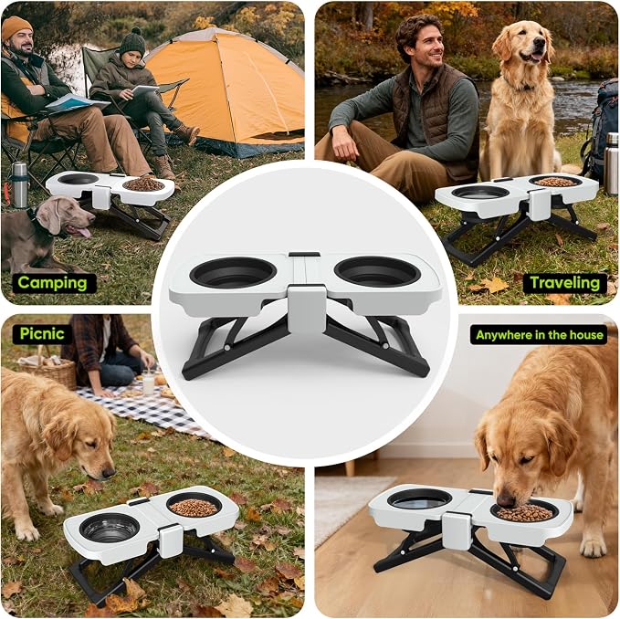 Elevated Dog Bowls Stand, Portable Travel Dog Bowls with Collapsible Silicone Double Diner Bowl, 5 Cups Capacity Food and Water Bowl with No Spill Edge Non-Slip Stand,Ideal for Medium & Large Dogs - Image 5