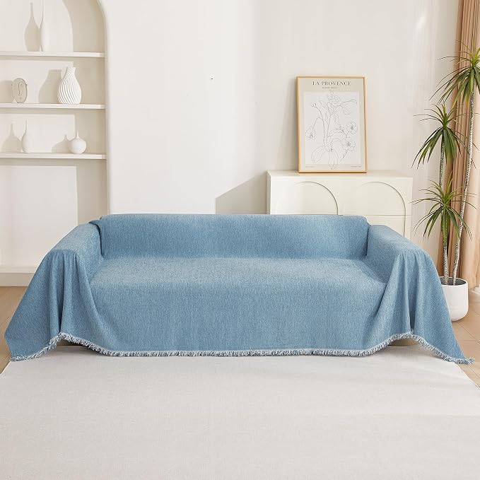MYSKY HOME Chenille Couch Cover, Sofa Slipcover for 2-3 Cushion Sectional Couch, Machine Washable Soft Furniture Protector with Tassels, Futon Sofa Covers, Throw for Dogs, Kids 71" x 150", Blue - Image 8