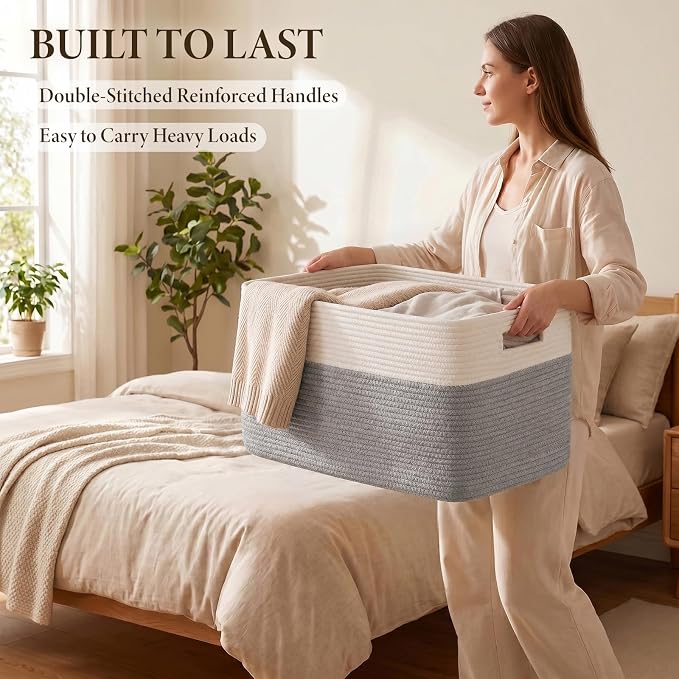 75L Large Cotton Rope Basket, Soft Toy Storage Bin for Nursery & Living Room, Decorative Blanket Basket for Bedroom, Baby-Safe Organizer for Pillows &Laundry, 22''×17''×12'', Grey and White - Image 4