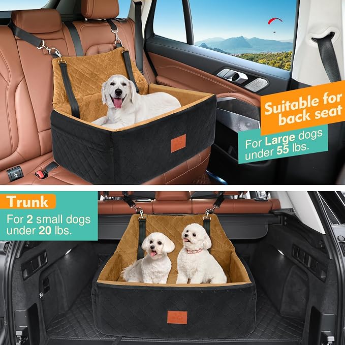 NEEZUKAR Dog Car Seat for Large Medium Size Dogs, Pet Car Seat Under 55 lbs | Thick Cushion, Detachable Washable Dog Booster Seat for 2 Small Dogs, Travel Dog Car Bed with Storage Pockets, 2 Safety Belts - Image 4