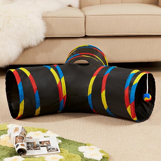 Tempcore Cat Tunnel for Indoor Cats, 3 Way Collapsible Pet Play Tunnel with Teaser Wand, Peek Holes & Hanging Ball, Interactive Tube for Kittens & Rabbits, Black & Rainbow - Image 2