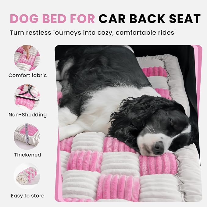 HiPetpy Backseat Dog Bed Mat, Non-Slip Dog Bed for Car Back Seat, Soft & Cozy Dogs Blanket, Washable Travel Pet Mat Seat Protector for Cars, SUVs, Trucks (Pink/White, 51.1" L x 23.6" W x 1.5" Th) - Image 2