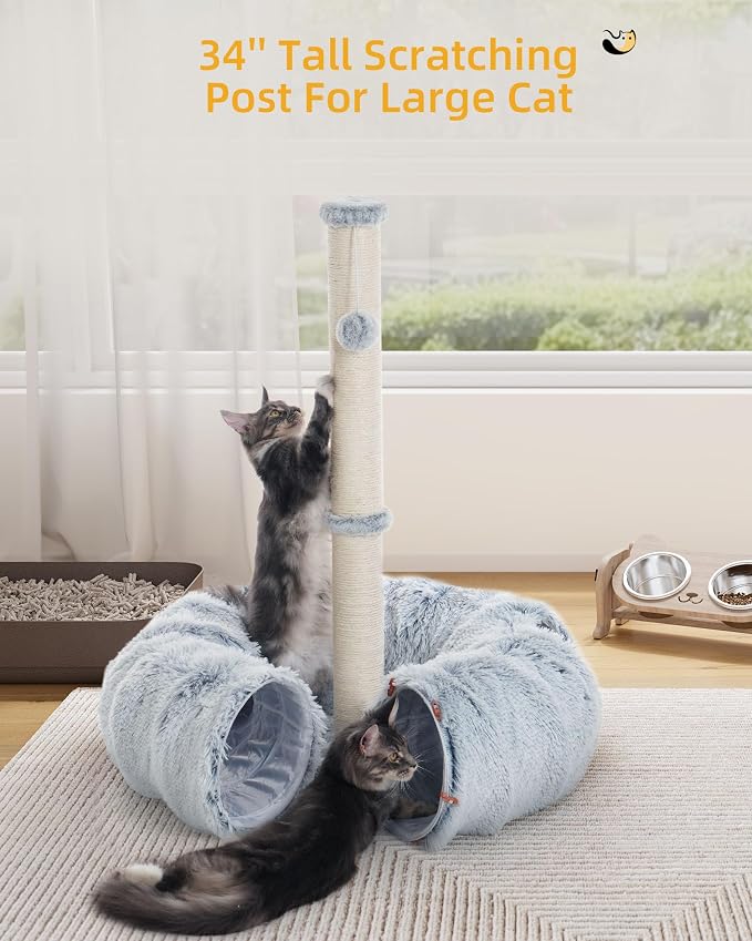 Aechonow 3-in-1 Cat Tunnel Bed, 34'' Cat Scratching Post for Indoor Cats | Fluffy Peekaboo Donut Hideout Toy for Pets, Rabbit, Ferret - Image 7