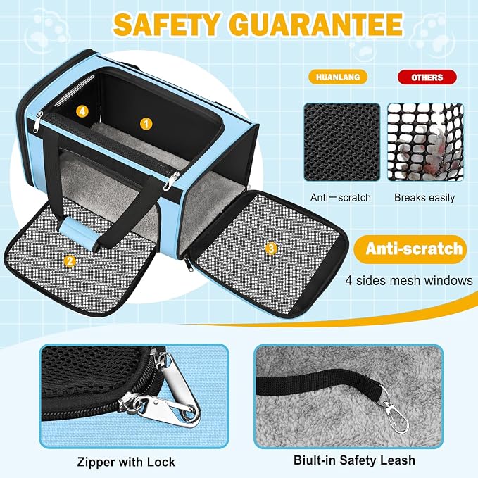 HUANLANG Large Cat Carrier Travel Soft Sided Pet Carrier Airline Approved | Dog Carriers for Small Dogs Medium Cats,Collapsible,3 Storage,zipper lock,Reflective strips,Luggage Strap, Up to 15 Lbs - Image 4
