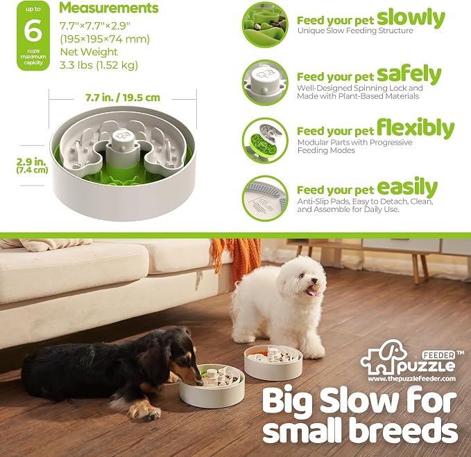 Puzzle Feeder Slow Feeder Dog Bowl for Puppies with Non-Slip Base - Adjustable Speed Design, Removable Puzzle Inserts & Dishwasher Safe, Green - Image 6