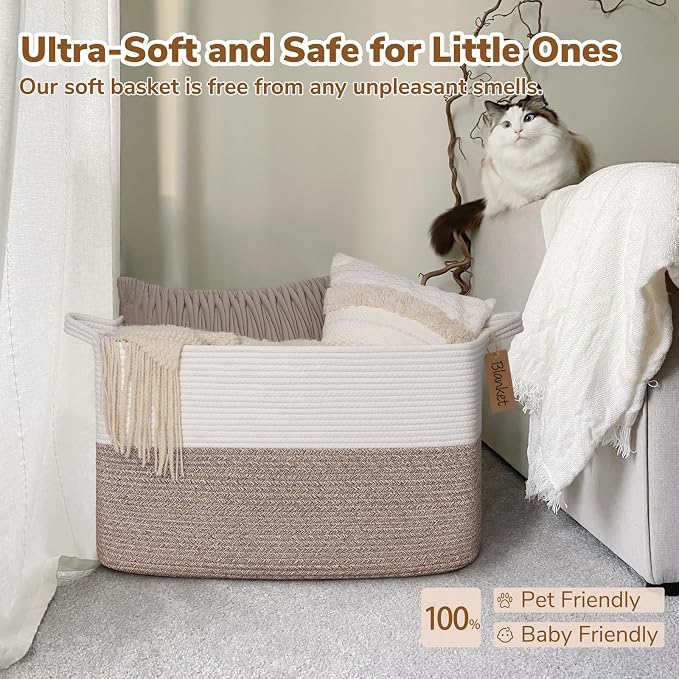 Goodpick 75L Extra Large Woven Rope Blanket Basket, Rectangle, Brown | 22" × 17" × 12" Decorative Storage Basket for Pillows & Clothes, Fits Living Room & Nursery Organization, Handles - Image 5