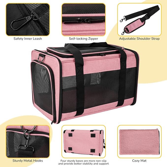 Hipubby Cat Carrier Dog Carrier for Pets Up to 16 Lbs, Soft-Sided Pet Travel Carrier for Cats and Small Dogs, Airline Approved Pet Carrying Case with Shoulder Strap & Removable Mat - Pink - Image 3