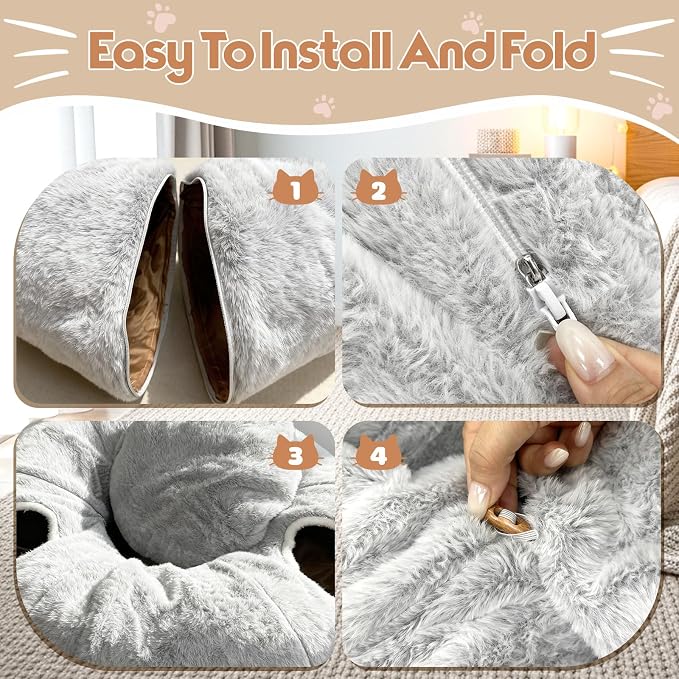 4-Holes Cat Tunnels for Indoor Cats, Plush Donut Cat Bed Tunnel Grey | Large Cat Bed Cave, 11 Cat Toys Gift, Very Soft and Lightweight, Cat Cave Hideout, fits Multiple Cats, Kitten, Puppy, Rabbit - Image 4