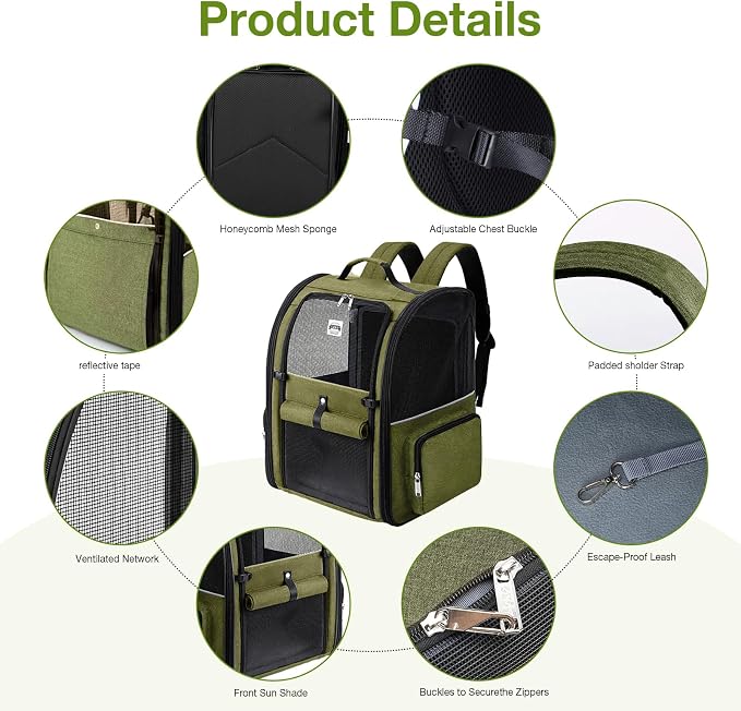 Large Cat Backpack Carrier Expandable Pet Carrier Backpack for Small Dogs Medium Cats Fit Up to 18 Lbs, Dog Backpack Carrier, Foldable Puppy Backpack Carrier for Travel,Dark Green, Large - Image 3