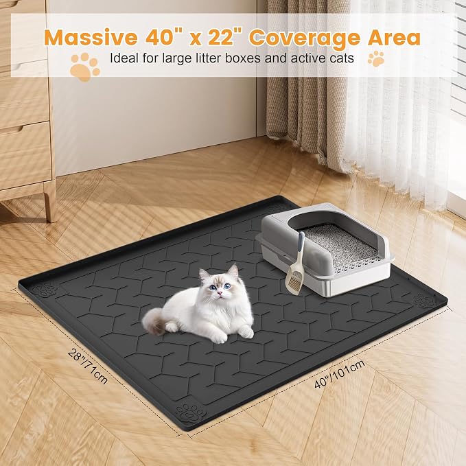 Cat Litter Mat, Extra Large 40"x28" Silicone Mat for Litter Box, Waterproof & Non-Slip Rubber Mat with Lip, Litter Trapping & Scatter Control, Soft on Cat Paws, Urine-Proof Floor Protector - Image 2