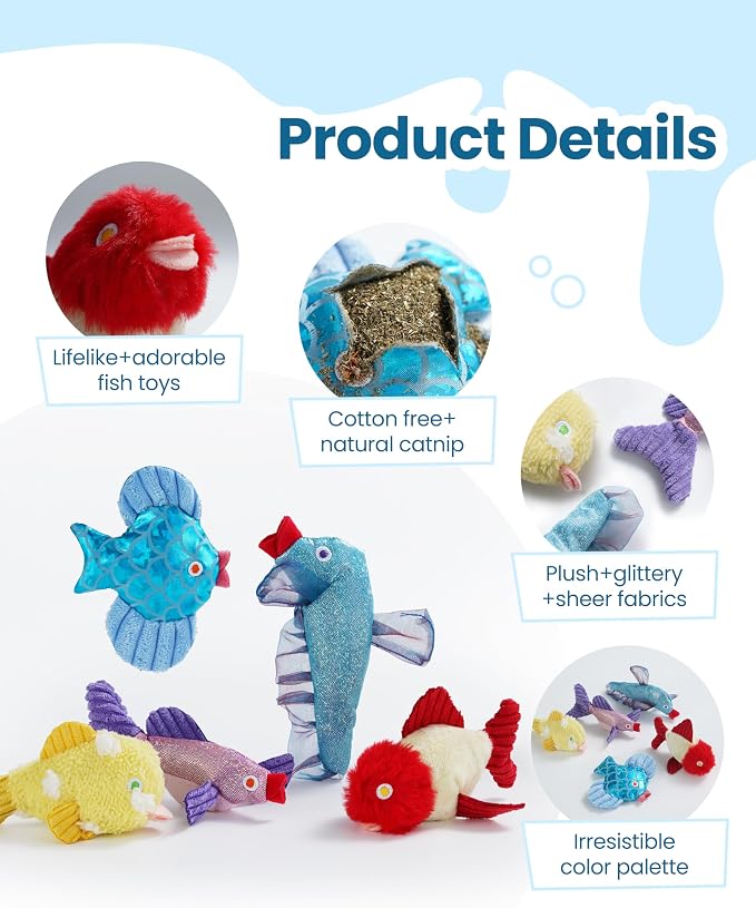 Nocciola Catnip Toys, 5 Pack Cat Toys for Indoor Cats with 100% Natural Catnip, Cotton-Free Kitten Toys in Assorted Colors, Soft Surface, Teething, Chewing & Kicker Floppy Fish Cat Toys - Image 4