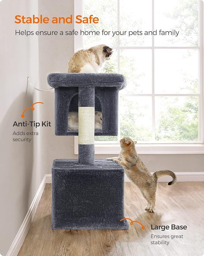 Feandrea Cat Tree, 40.6-Inch Cat Tower, Plush Condo for Extra Large Cats up to 44 lb, Large Perch, 2 Caves, Scratching Post, Smoky Gray UPCT614G01 - Image 9