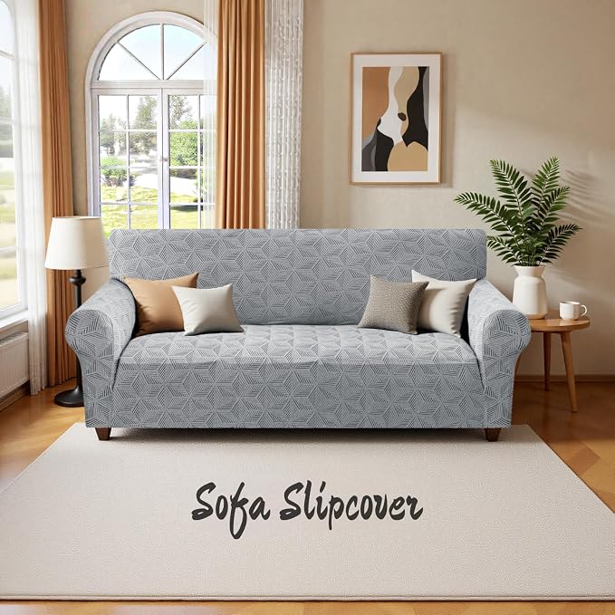 YEMYHOM 1 Piece Stretch Couch Covers for 2 Cushion Couch, Jacquard Loveseat Cover with Non-Slip Elastic Bottom, Thickened Slipcover Furniture Protector for Dogs Pets (Medium, Light Gray） - Image 8