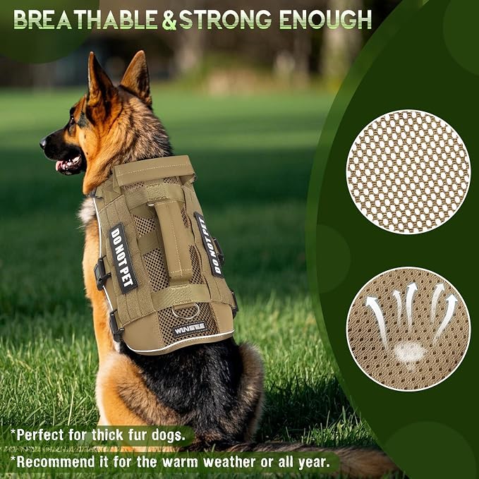 WINSEE Tactical Molle Vest Mesh Dog Harness with 10 Removale Pet Patches | Breathable Service Dog harness with Double Soft Padded Handle for Large Dog, Reflective Military Pet Vest for Walk Hiking - Image 2