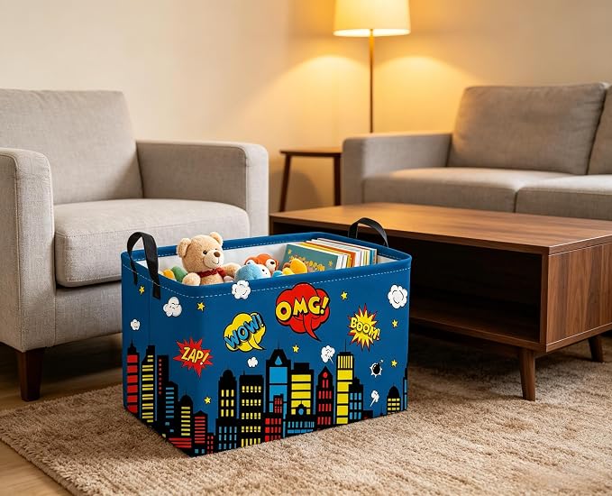Sanjiaofeng Rectangular Blue City Hero Skyline Basket,Baby Storage Bins with Handles,Comics Hero Kid Basket,Building Silhouettes Storage Bin,Room Decor(Building) - Image 4