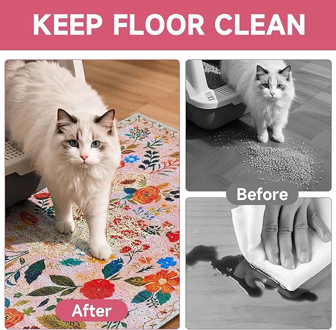 Cat Litter Mat, 24" x 16" Litter Box mat, Upgrade Non-Slip Kitty Litter mat, Traps 100% Litter, Soft on Kitty Paws, Easy Clean for Scatter Control, Bohe cat Food mat, Urine Waterproof - Image 3