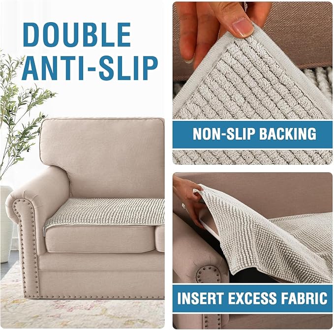 H.VERSAILTEX Plush Chenille Couch Cover for 3 Cushion Couch Anti Slip Washable Sofa Slipcovers Soft and Durable Furniture Protector for Dogs Cats Kids (27.5" x 59", Oatmeal) - Image 5