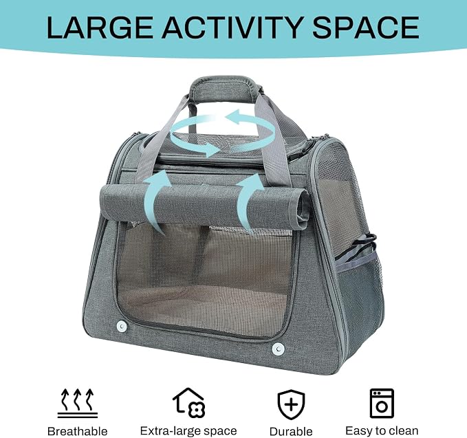 Airline Approved Soft-Sided Pet Carrier for Cats & Small Dogs - Ventilated Travel Bag with Removable Mat, Under 15 lbs, Grey - Image 2