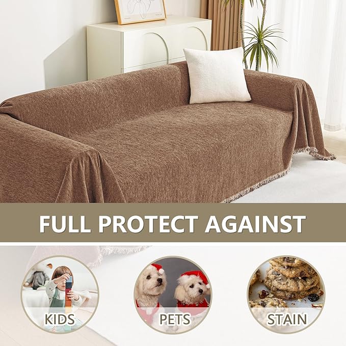 MYSKY HOME Loveseat Cover Camel Couch Cover Sectional Couch Covers for 2 Cushion Couch Sofa Thick Universal Chenille Sofa Cover with Tassel Durable Furniture Protector for Dogs 91" x 118" - Image 4