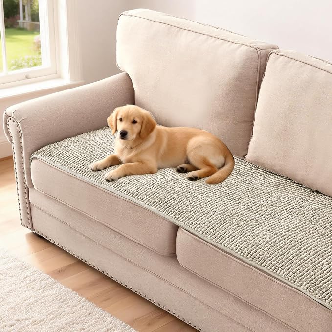 H.VERSAILTEX Plush Chenille Couch Cover for 3 Cushion Couch Anti Slip Washable Sofa Slipcovers Soft and Durable Furniture Protector for Dogs Cats Kids (27.5" x 59", Oatmeal) by HVERSAILTEX