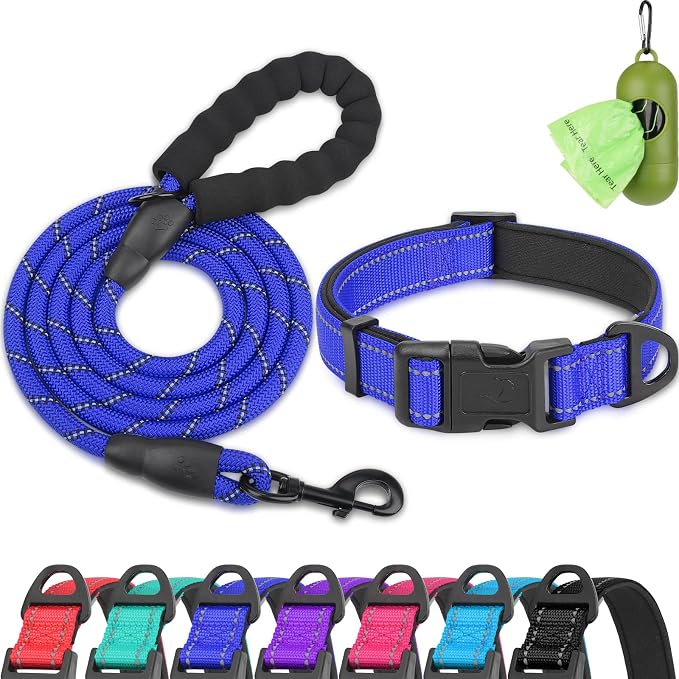 Dynmeow Reflective Dog Collar and Leash Set for Puppy Small Dogs, Navy Blue | Soft Neoprene Padded, 6FT Climbing Rope, Ideal for Daily Outdoor Walking or Indoor Wearing, Night Visible for Safety by Dynmeow