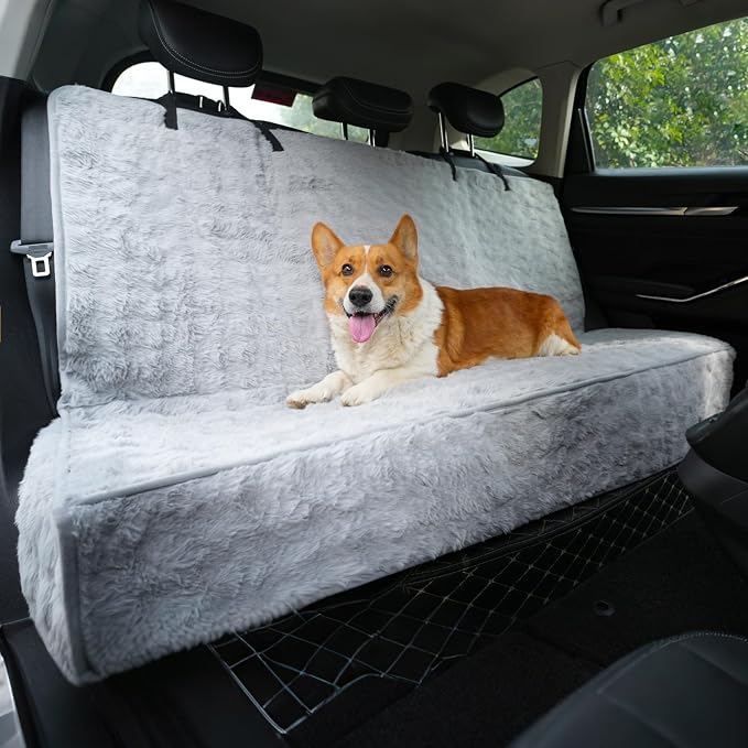 Dog Car Seat Cover, Waterproof Plush Pet Seat Protector, Gray, Back Seat | Faux rabbit fur, waterproof layer, non-slip silicone backing, side flaps, machine washable, fits most cars and SUVs by AEEISHOMEREFORM
