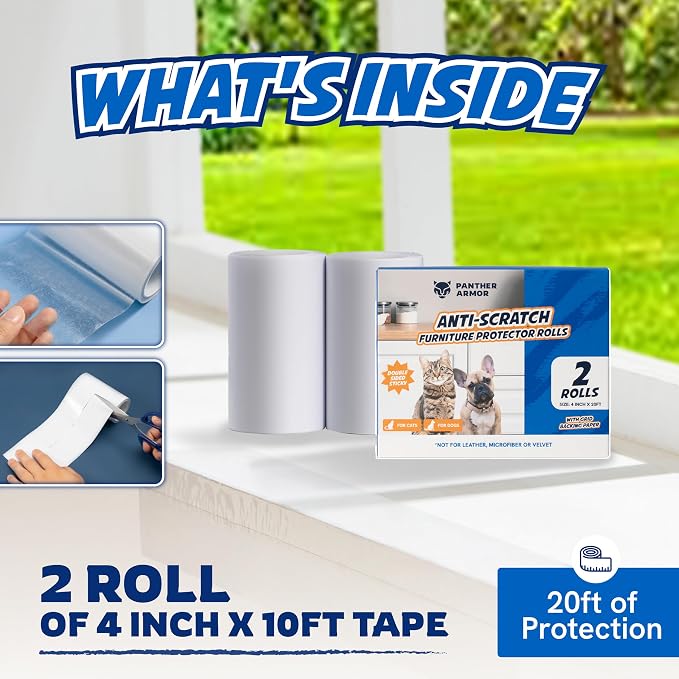 Panther Armor Cat Scratch Furniture Protector, 2 Double-Sided Rolls 4x20ft | Double-sided sticky tape cats dislike touching. Cut to size for couch and sofa corners. Not for leather or velvet - Image 4
