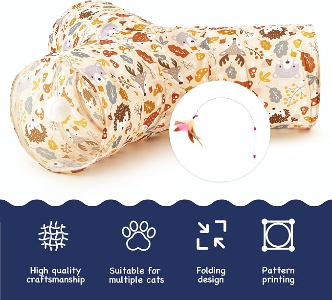 Tempcore Cat Tunnel for Indoor Cats, 3 Way Collapsible Pet Play Tunnel with Teaser Wand, Peek Holes & Hanging Ball, Interactive Tube for Kittens & Rabbits, Beige Deer - Image 7