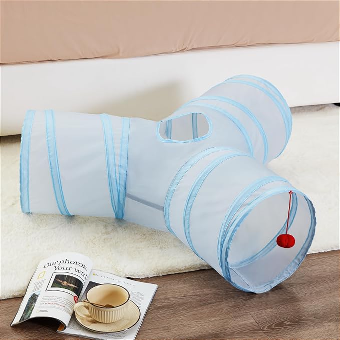 Tempcore Cat Tunnel for Indoor Cats, 3 Way Collapsible Pet Play Tunnel with Teaser Wand, Peek Holes & Hanging Ball, Interactive Tube for Kittens & Rabbits, Light Grey&Blue - Image 2