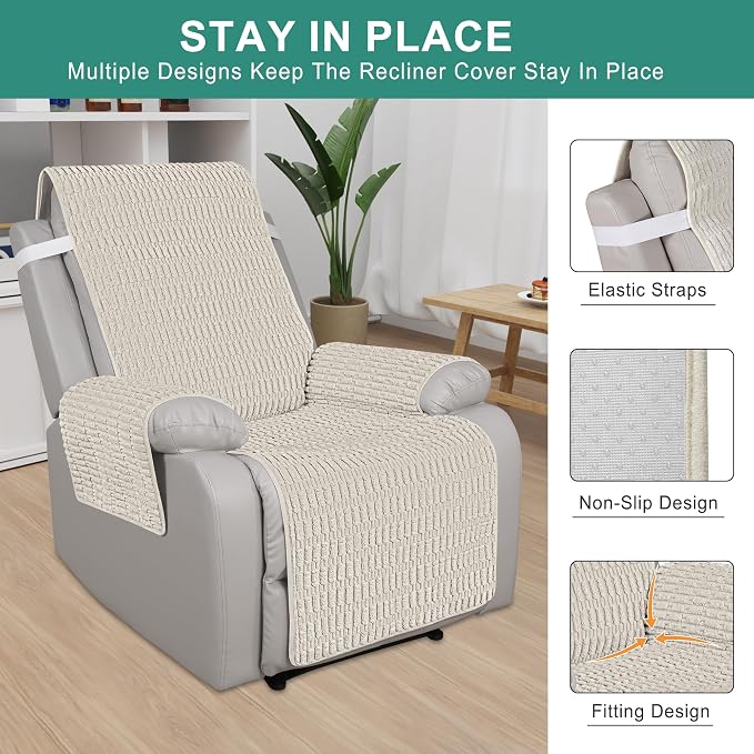Foxdecor Recliner Chair Covers, Recliner Cover Non-Slip Chair Covers, Washable Recliner Couch Cover Furniture Protector, Cover for Recliner Chair with Elastic Straps. (Cream, 30" W) - Image 3