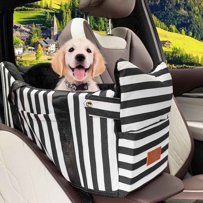 Console Dog Car Seat for Small Dogs to 15lbs (Black& White Stripes) | Center Console Puppy Booster and Portable Travel Bed, Anti-Collapse Design with Washable Fluffy Cushion by HANMEIANINC
