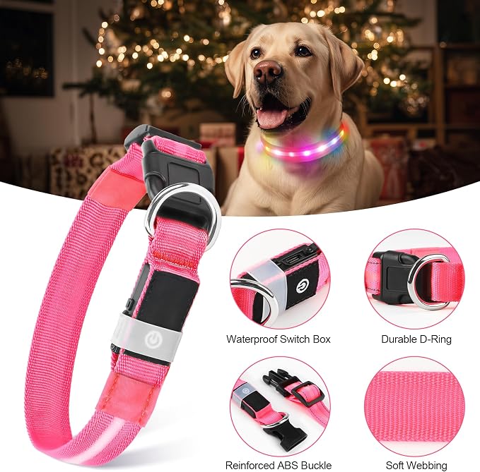 LED Dog Collar, RGB Light Up Dog Collar USB Rechargeable 6 Modes | Waterproof Light Up Dog Collar with Soft Nylon Comfort, Adjustable Fit for Small Medium Large Dogs Candy Pink L - Image 4