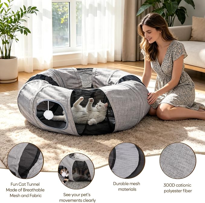 Ownpets Collapsible Cat Tunnel Toy - 2-in-1 Interactive Play Tunnel for Cat up to 18 lbs, Tear-Resistant Mesh, Fold to 2 Inches Thick, Portable Cat Exercise & Entertainment Tunnel, 10" Diameter, Grey - Image 2