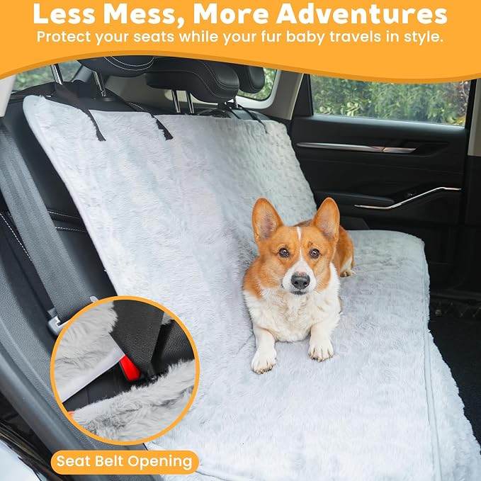 Dog Car Seat Cover, Waterproof Plush Pet Seat Protector, Gray, Back Seat | Faux rabbit fur, waterproof layer, non-slip silicone backing, side flaps, machine washable, fits most cars and SUVs - Image 6