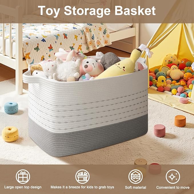 OIAHOMY 108L Extra Large Blanket Basket, 25”x16”x16” Rectangle Woven Cotton Rope Baskets for Living Room, Toy Storage with Handle- Gradient Grey - Image 4