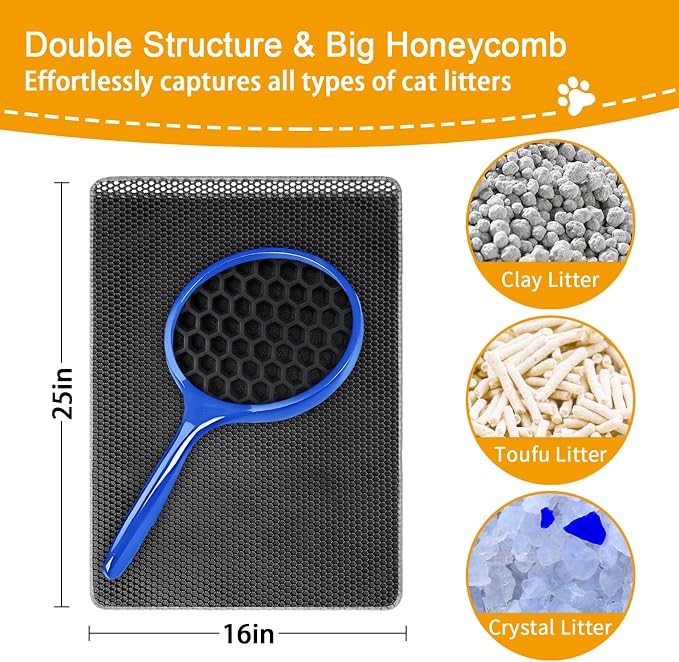 Cat Litter Mat Litter Trapping Mats, 25"x16" Cat Litter box Mat for Floor, 2 Layer Honeycomb Pet Litterbox Matt Catcher Rug, Waterproof Urine Proof, Non-Slip, Soft, Clean Easily, Small - Image 2