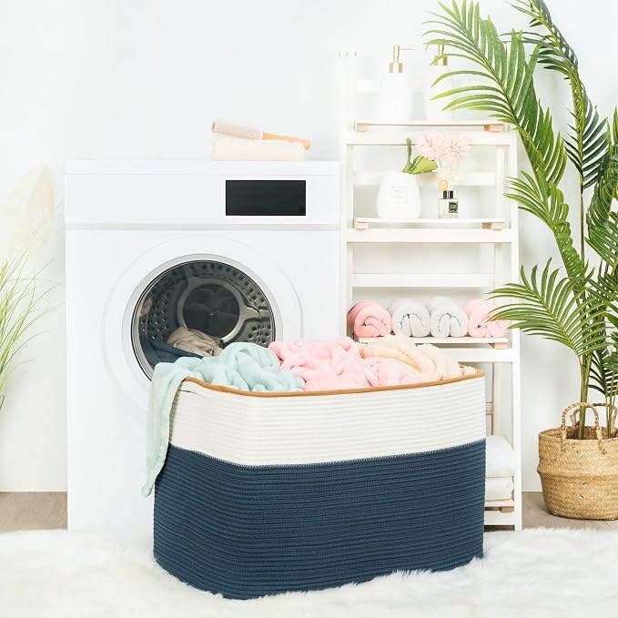 MINTWOOD Design 112L Extra Large Blanket Basket Holder Living Room, 25"x17"x16" Rectangle Rope Woven Storage Basket with Handles for Laundry, Towels, Shoes, Dog Toy Organizer Bin Box, Prussian Blue - Image 4