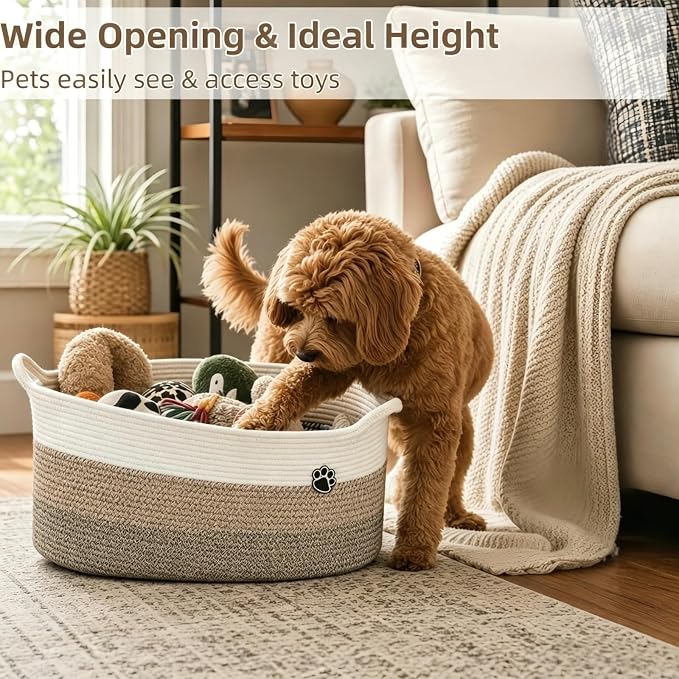 Optish 40L Extra Larg Dog Toy Basket, Woven Rope Storage Basket,White-Brown | 20" x 14" x 9" XL Toy Storage Box and Bin with Handles for Living Room, Bedroom Organization, Foldable, Durable, Home Decor - Image 4