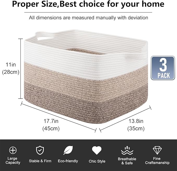 OIAHOMY Rectangle Woven Storage Basket - Nursery Cotton Rope Baskets for Storage, Toy Basket Organizing for Living Room, 17.7"x13.8"x11"- Pack of 3 - Gradient Yellow - Image 3