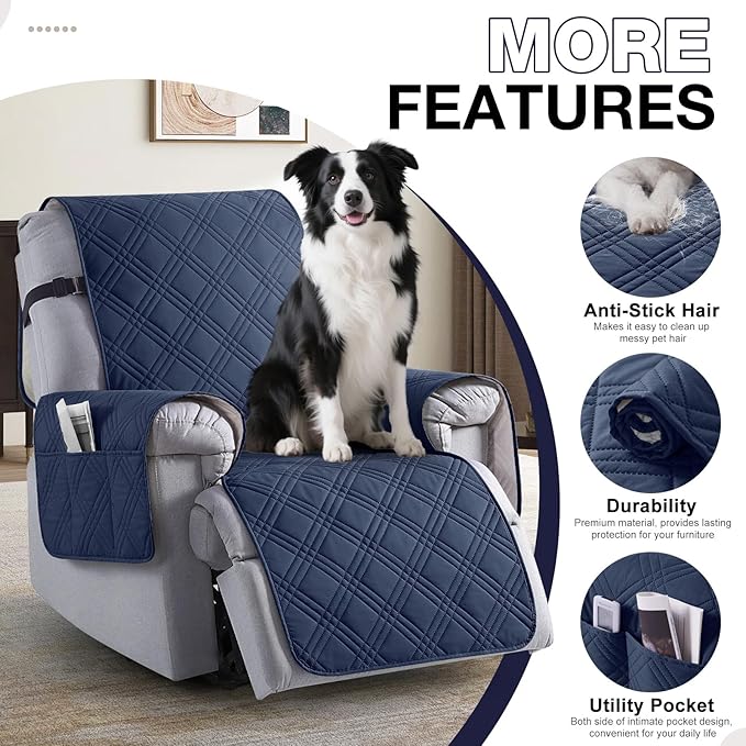 TAOCOCO 100% Waterproof Recliner Chair Covers, Non Slip Recliner Covers for Recliner Chair with Pocket, Washable Reclining Chair Cover Furniture Protector for Kids,Dogs(22'', Navy Blue) - Image 5