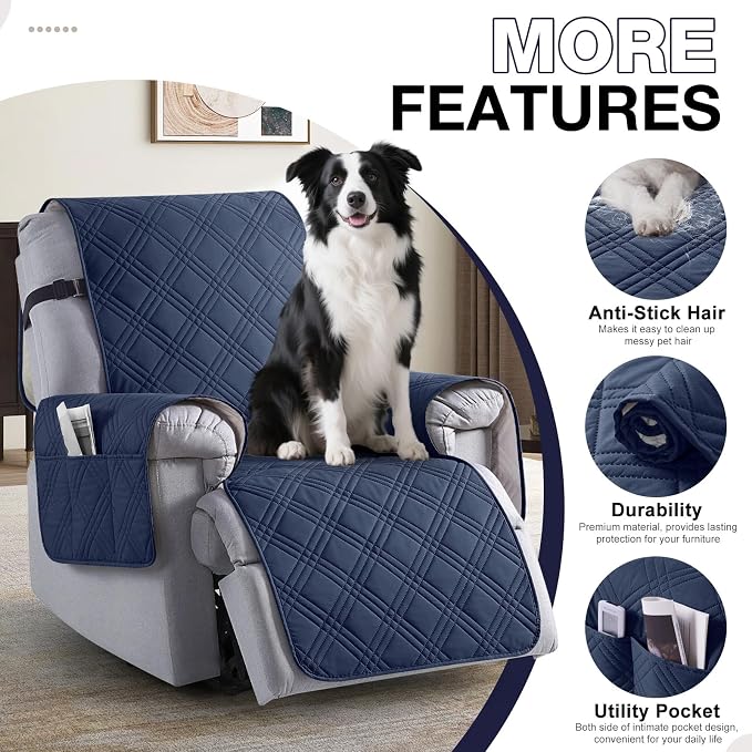 TAOCOCO 100% Waterproof Recliner Chair Cover, Non Slip Recliner Covers for Recliner Chair with Pocket, Washable Reclining Chair Cover Furniture Protector for Kids, Pets(23.6'', Navy Blue) - Image 5