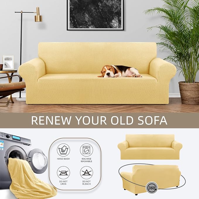 KEKUOU Stretch Couch Covers for Sofa, 3 Cushion Couch Slipcover,Champagne | 1-Piece Washable Sofa Cover Pet Friendly(78"-94") Furniture Protector Soft Jacquard, Elastic Bottom for Dogs & Kids - Image 3
